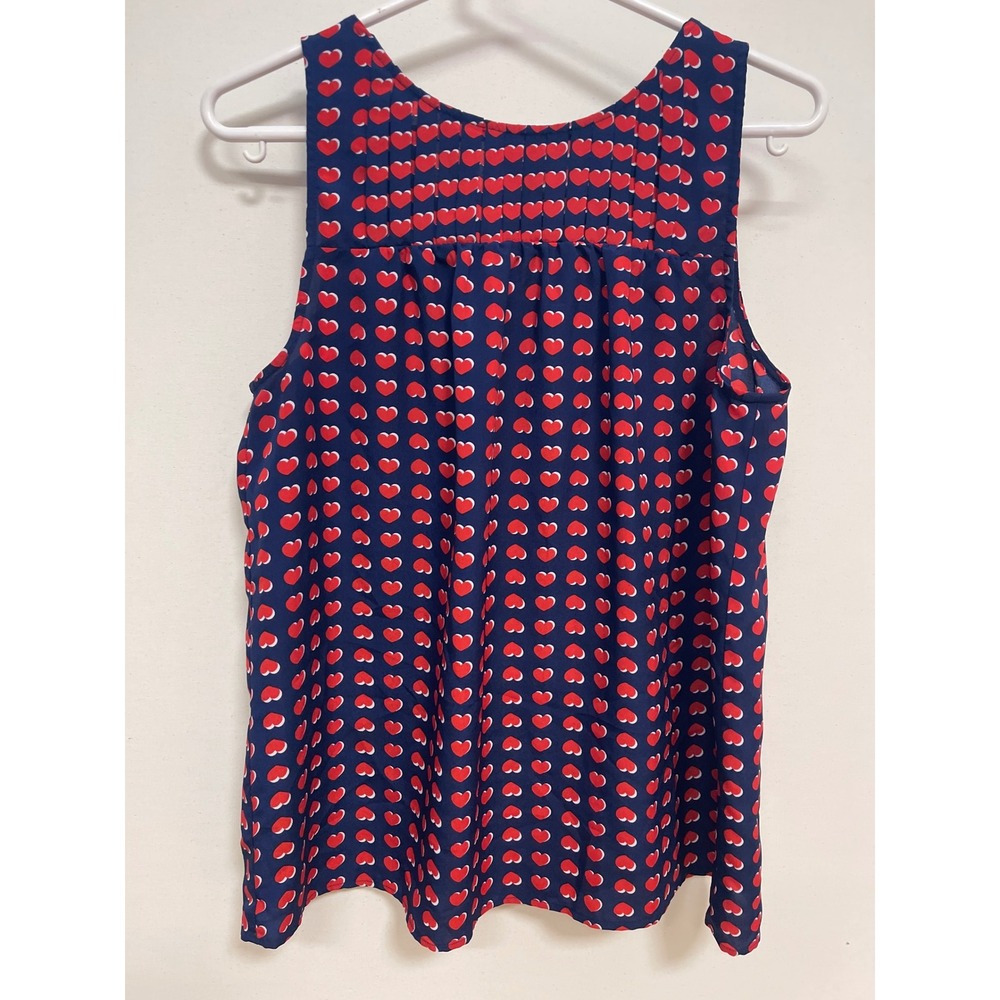 Cynthia Rowley Navy Blue Red Heart Print Sleeveless Tie Neck Blouse Medium